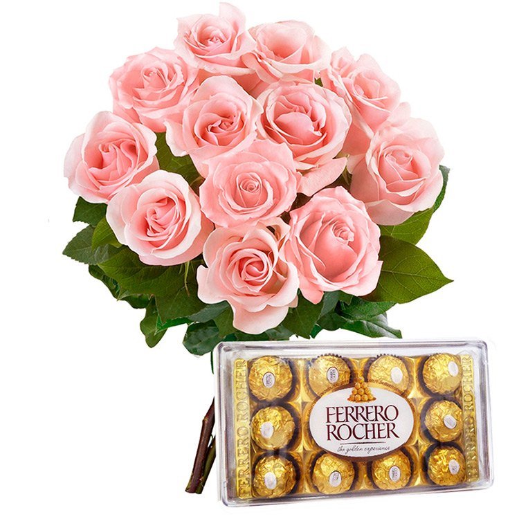 12 Lindas  Rosas Cor-de-Rosa e Ferrero Rocher
