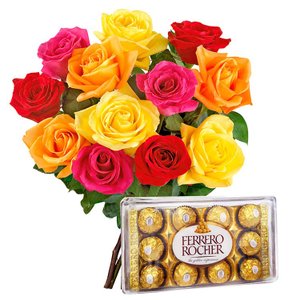 Imagem de Buquê de 12  Rosas Coloridas com Ferrero Rocher