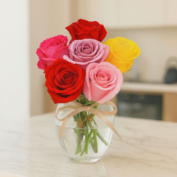 Surpresa de Rosas Coloridas no Vaso