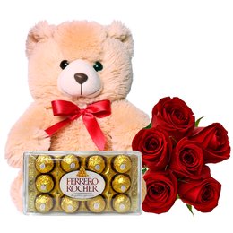 Imagem de Buquê de 6 Rosas Vermelhas com Pelúcia e Chocolate