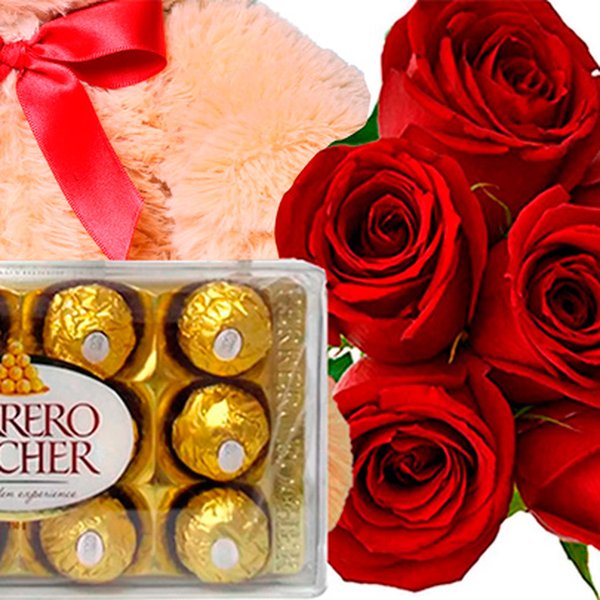Buquê de 6 Rosas Vermelhas com Pelúcia e Chocolate 3