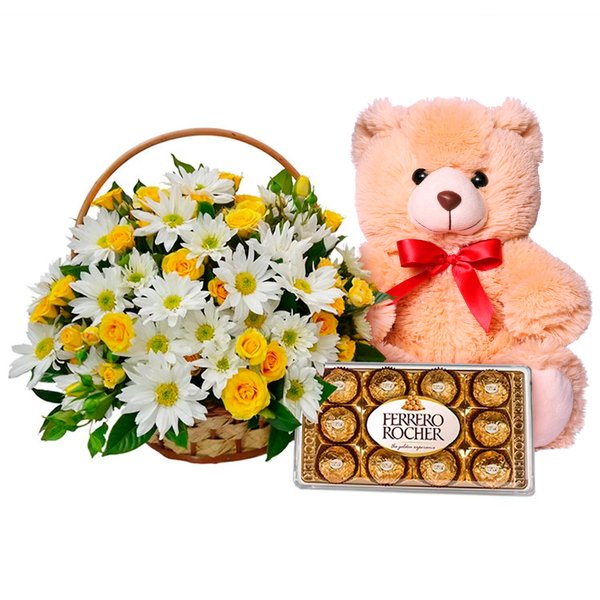 Cesta de Margaridas e Rosas Amarelas com Chocolate e Pelúcia