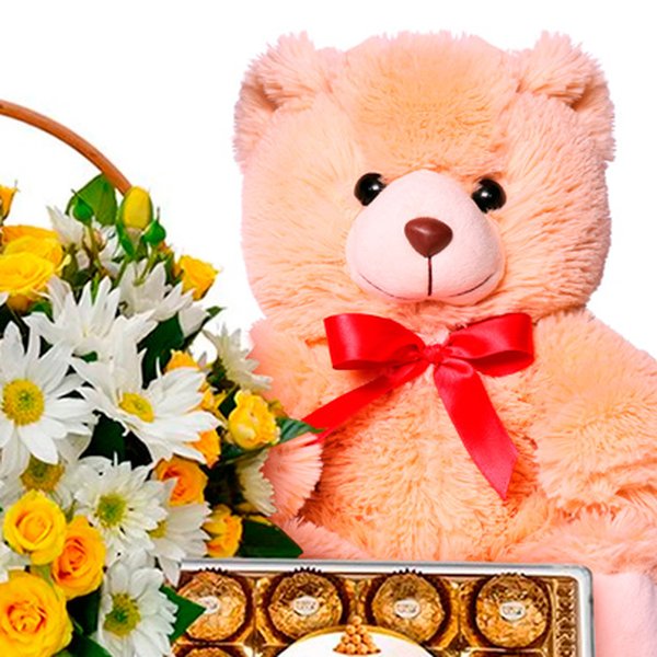 Cesta de Margaridas e Rosas Amarelas com Chocolate e Pelúcia