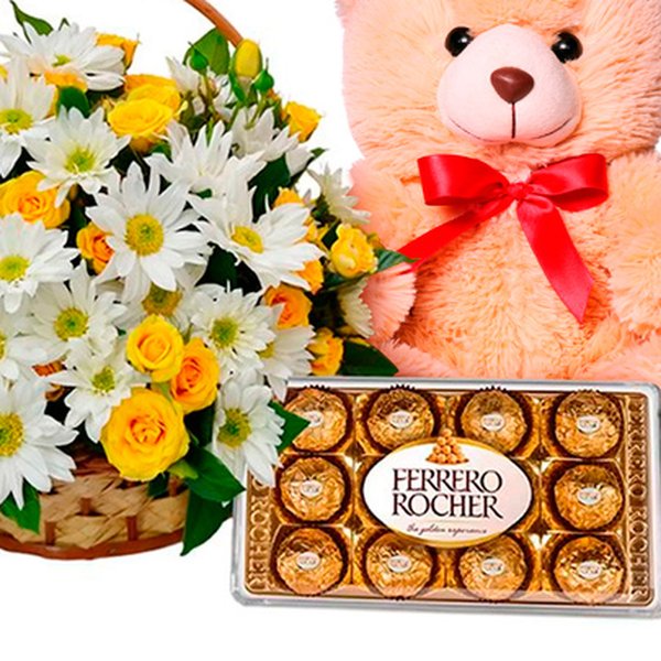 Cesta de Margaridas e Rosas Amarelas com Chocolate e Pelúcia