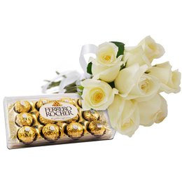 Imagem de Buquê de 7 Rosas Brancas com Ferrero Rocher