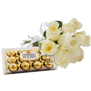 Imagem de Buquê de 7 Rosas Brancas com Ferrero Rocher