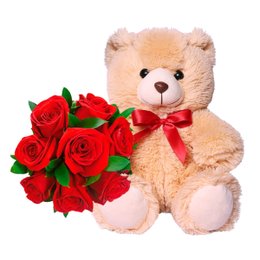 Imagem de Buquê de 8 Rosas Vermelhas e Pelúcia