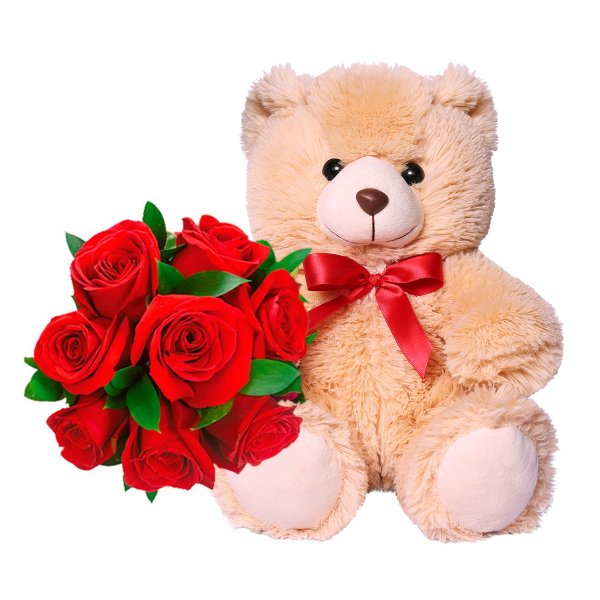 Buquê de 8 Rosas Vermelhas e Pelúcia