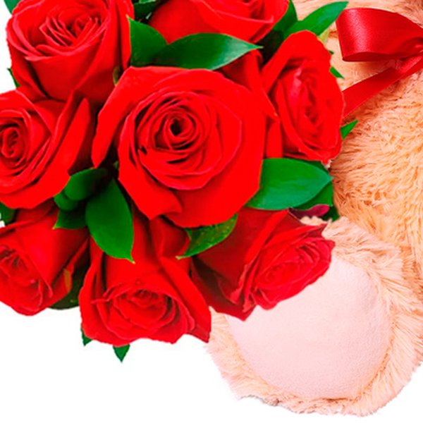 Buquê de 8 Rosas Vermelhas e Pelúcia