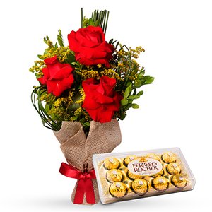 Imagem de Arranjo 3 Lindas Rosas e Ferrero Rocher