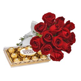 Imagem de Buquê de 12 Rosas Vermelhas e Ferrero
