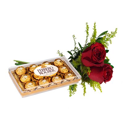 Buquê de 2 Rosas Vermelhas com Ferrero Rocher