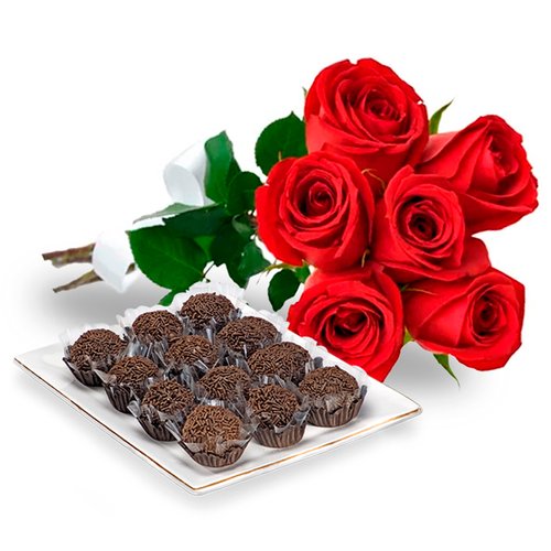 Buquê com 6 Rosas Vermelhas e Brigadeiro Amor aos Pedaços