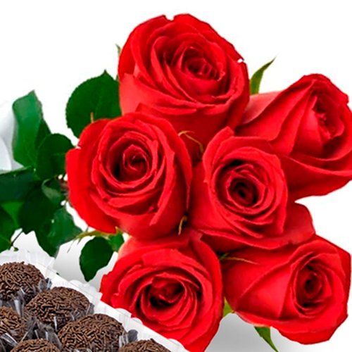 Buquê com 6 Rosas Vermelhas e Brigadeiro Amor aos Pedaços