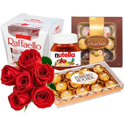 Buquê de 6 Rosas Vermelhas e Guloseimas Rocher