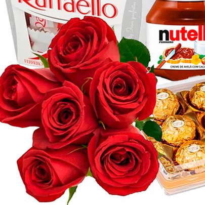 Buquê de 6 Rosas Vermelhas e Guloseimas Rocher