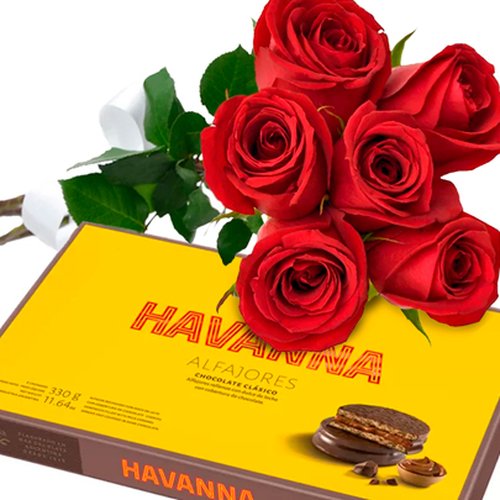 Buquê de 6 Rosas Vermelhas e Alfajor Havanna Chocolate Clássico