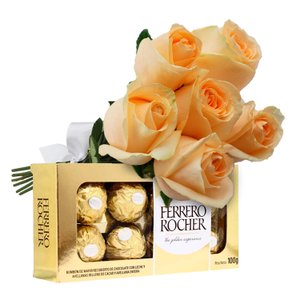 Imagem de Buquê de 6 Rosas Champanhe e Ferrero