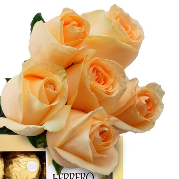 Buquê de 6 Rosas Champanhe e Ferrero