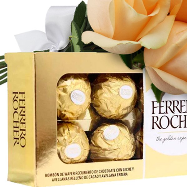 Buquê de 6 Rosas Champanhe e Ferrero