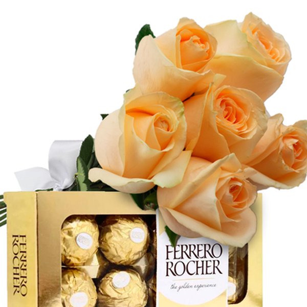 Buquê de 6 Rosas Champanhe e Ferrero