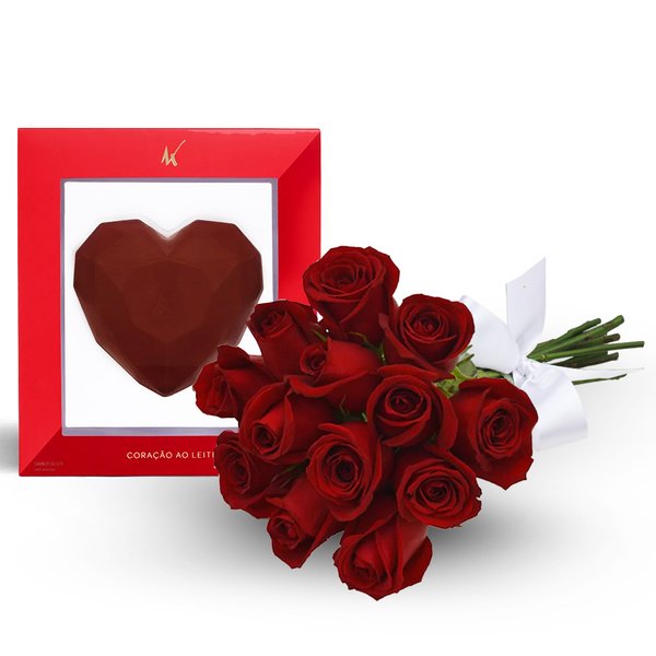 12 Rosas Vermelhas e Coração de Chocolate Kopenhagen
