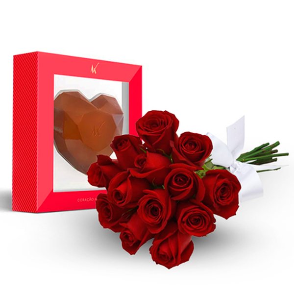 12 Rosas Vermelhas e Coração de Chocolate Kopenhagen