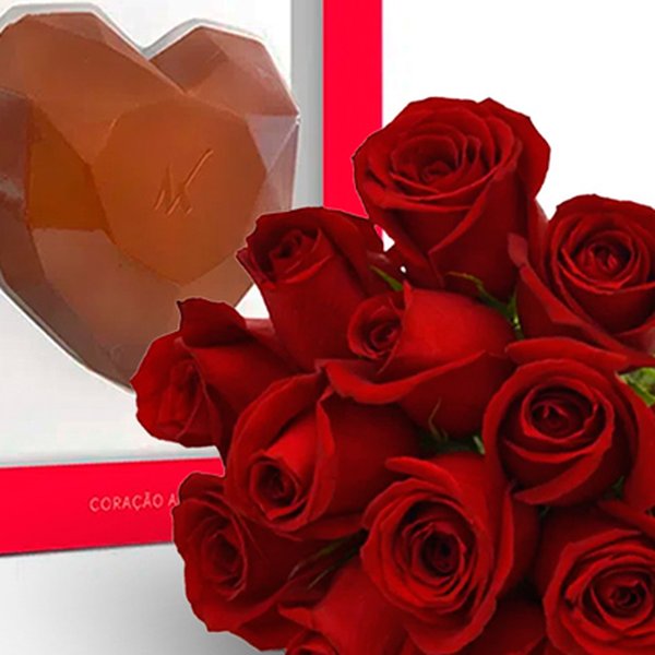 12 Rosas Vermelhas e Coração de Chocolate Kopenhagen