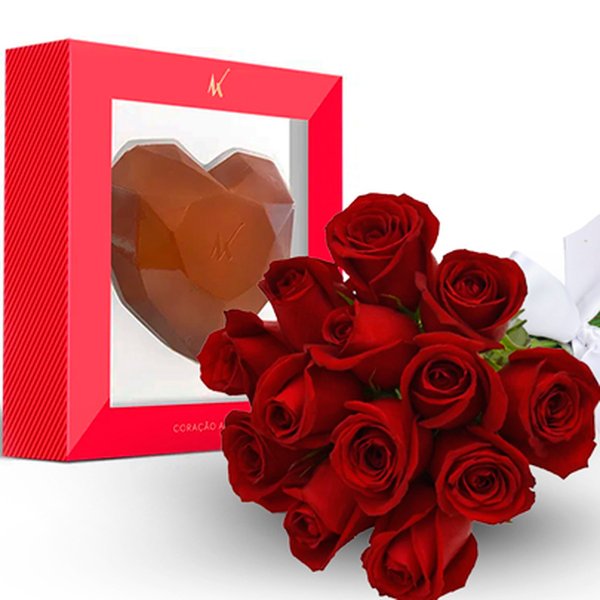 12 Rosas Vermelhas e Coração de Chocolate Kopenhagen