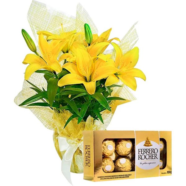 Lírio Amarelo Plantado e Chocolate Ferrero