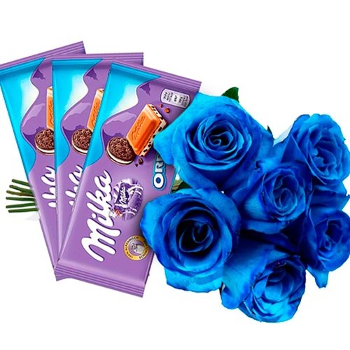 Buquê de 6 Rosas Azuis e Chocolates Milka Oreo