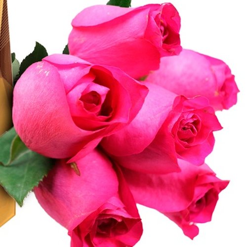 Buquê de 6 Rosas Pink e Chocolate Alpino