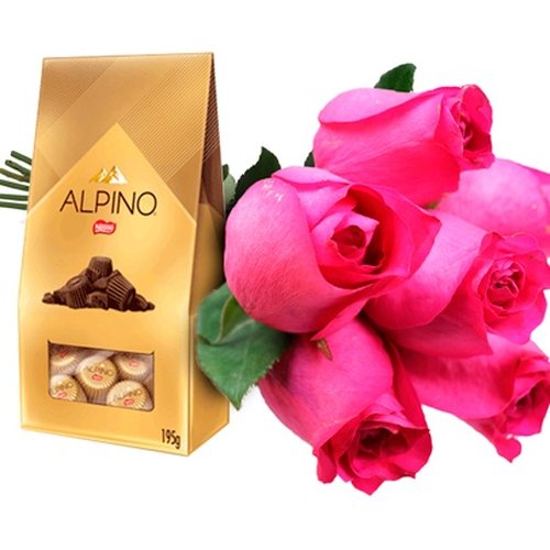 Buquê de 6 Rosas Pink e Chocolate Alpino