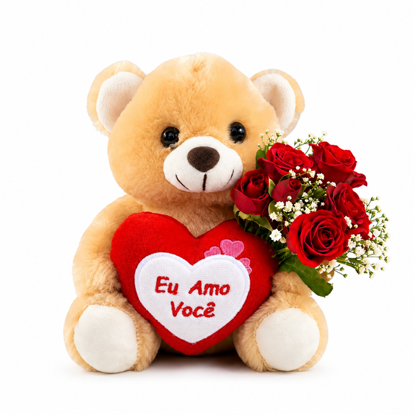 Mini Buquê de Rosa Spray Vermelho e Urso Eu Amo Você