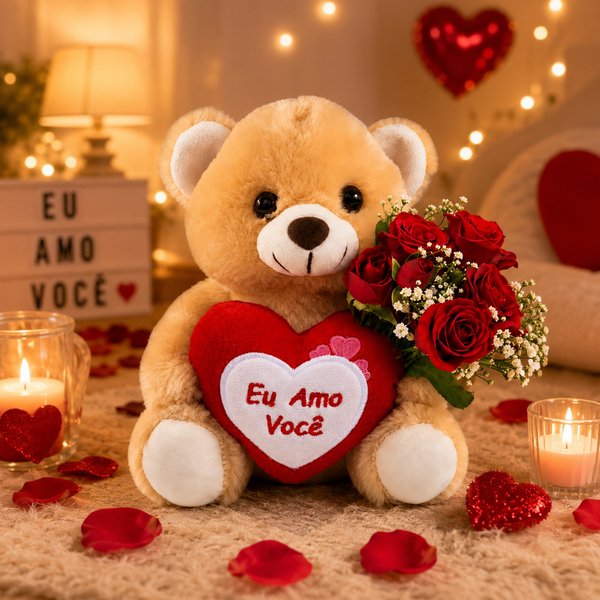 Mini Buquê de Rosa Spray Vermelho e Urso Eu Amo Você