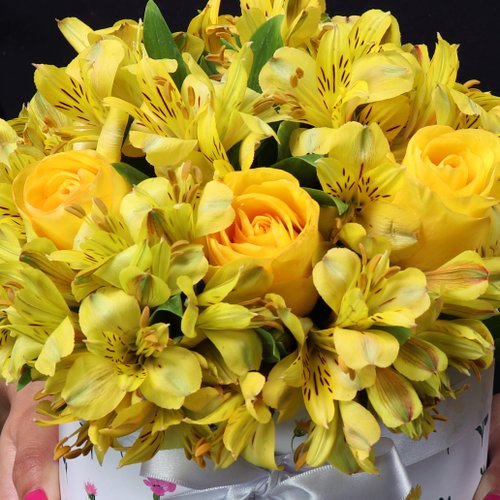 Delicado Box de Astromélias e Rosas Amarelas