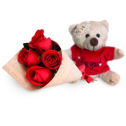 Buquê de 4 Rosas Vermelhas e Urso Dodói