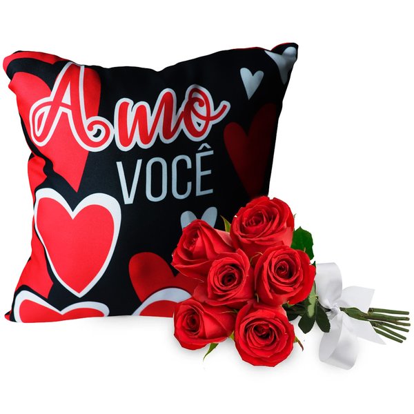 Almofada Amo Você e Buquê de 6 Rosas Vermelhas