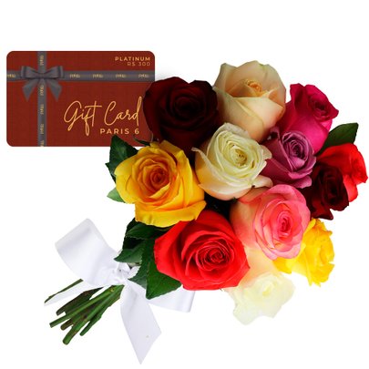 Gift Card Platinum Paris 6 e Buquê de 12 Rosas Coloridas