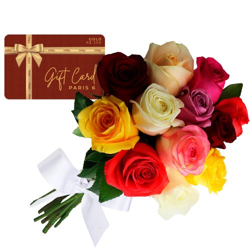 Gift Card Gold Paris 6 e Buquê de 12 Rosas Coloridas