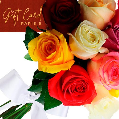 Gift Card Gold Paris 6 e Buquê de 12 Rosas Coloridas