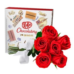 Buquê de Seis Rosas Vermelhas e Kit Kat I Love Gringos