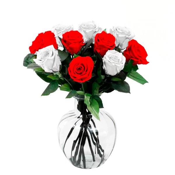 Arranjo de Rosas Encantadas Vermelhas e Brancas