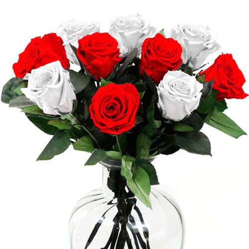 Arranjo de Rosas Encantadas Vermelhas e Brancas