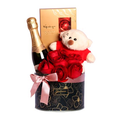 Delicado Box de Luxo com Rosas Vermelhas e Mini Chandon
