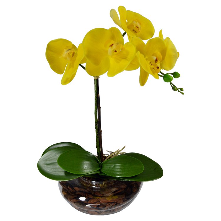Orquídea Amarela Artificial no Vaso de Vidro
