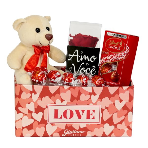 Rosa Encantada Vermelha e Urso no Box Love