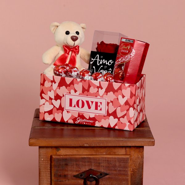 Rosa Encantada Vermelha e Urso no Box Love