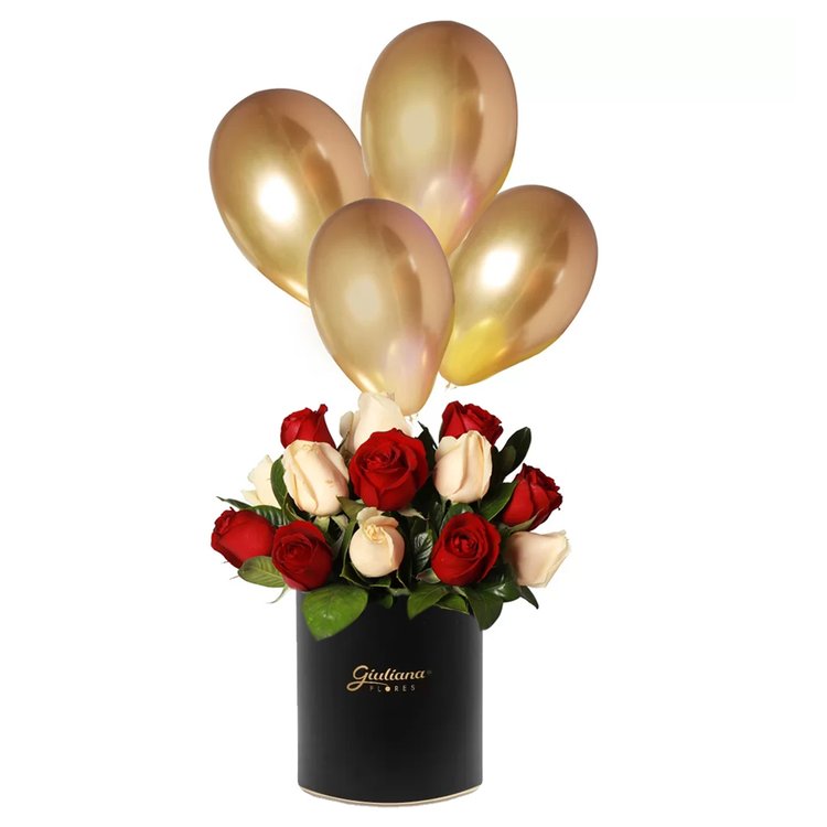 Mix Rosas e Balões no Box Floral Preto