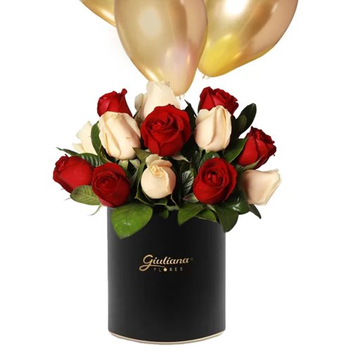 Mix Rosas e Balões no Box Floral Preto